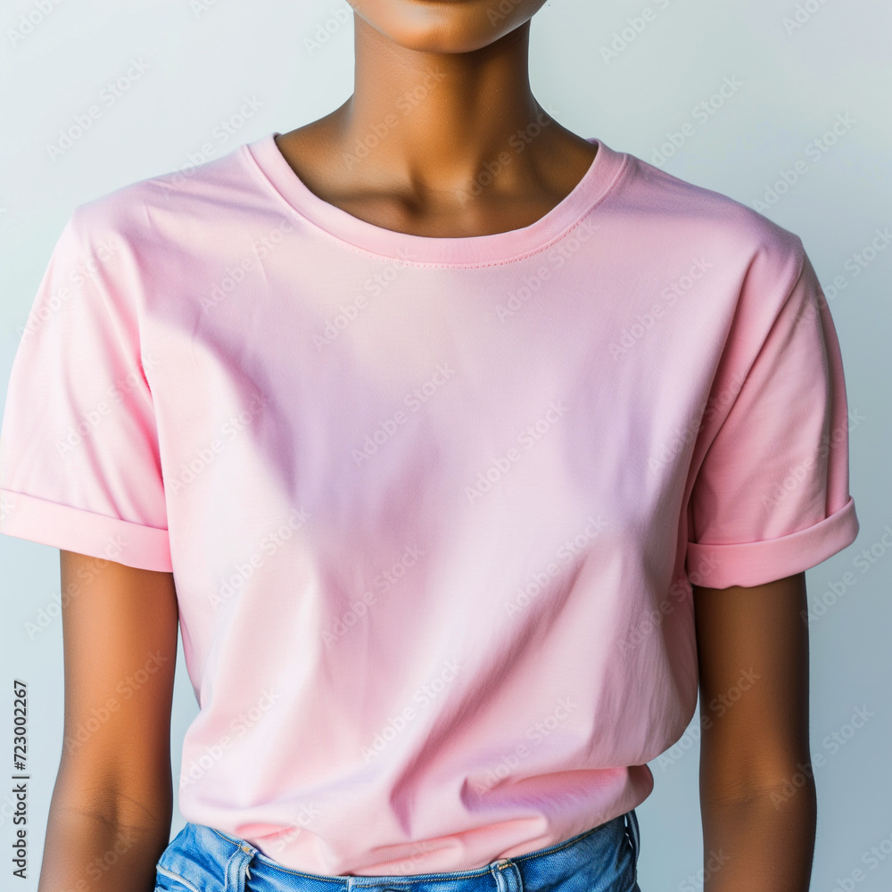 Pink T-shirt Mockup, Black Woman, Girl, Female, Model, Wearing a Pink Tee Shirt and Blue Jeans, Blank Shirt Template, White Background, Close-up View Pink T-shirt Mockup, Black Woman, Girl, Female, Model, Wearing a Pink Tee Shirt and Blue Jeans, Blank Shirt Template, White Background, Close-up View