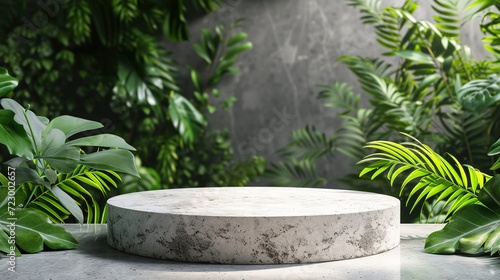 Natural green backdrop with a natural stone and concrete podium. © Wp Background