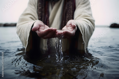 Closeup shot of Jesus Christ holding water with his palms