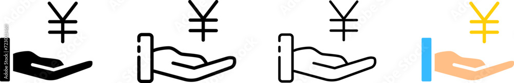 Yen inside palm icons. Different styles, set of Yen coins, palm icons. Vector icons Yen inside palm icons. Different styles, set of Yen coins, palm icons. Vector icons