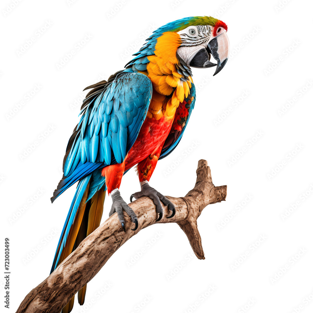 Macaw parrot on a tree branch, isolated on white background