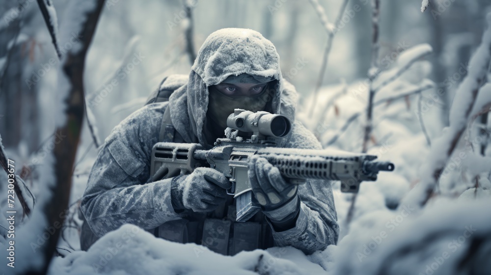 Sniper in the winter forest. Neural network AI generated art Sniper in the winter forest. Neural network AI generated art