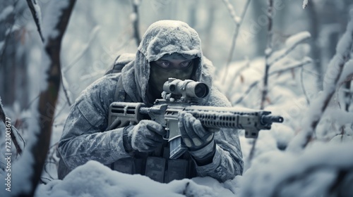 Sniper in the winter forest. Neural network AI generated art