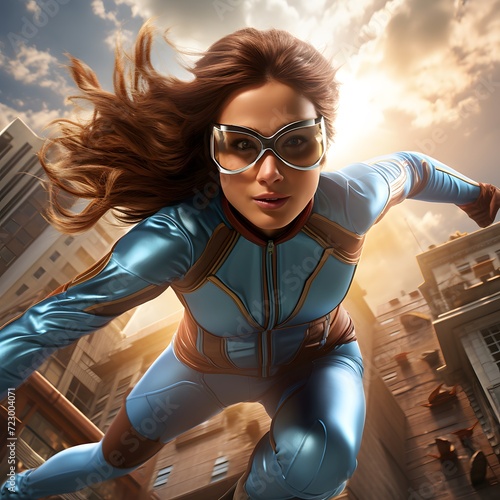 our superheroine in a dynamic pose, mid-flight or in the midst of a heroic deed