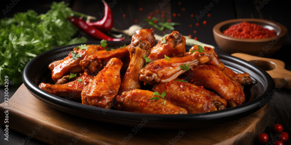 Delicious Chicken Wings with Spicy Buffalo Sauce on a Wooden Plate, Served as a Tasty Appetizer in a Traditional American Pub - Closeup Background