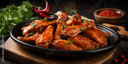 Delicious Chicken Wings with Spicy Buffalo Sauce on a Wooden Plate, Served as a Tasty Appetizer in a Traditional American Pub - Closeup Background