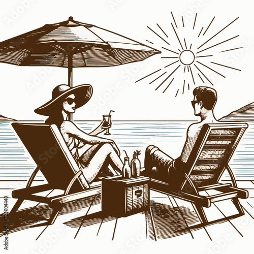 Man and woman sitting on a deck chair on the beach. Hand drawn vector illustration.