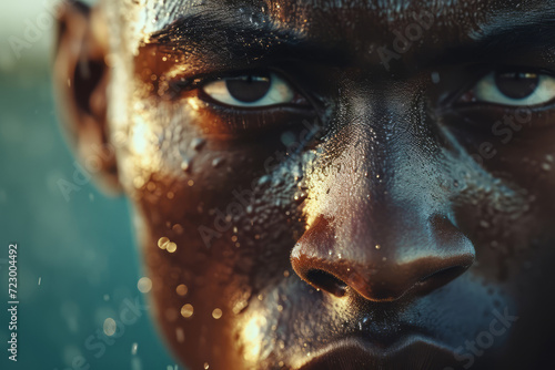 Close up portrait of a determined athlete sport player, with great passion in his eyes, realistic illustration created by generative AI tool photo