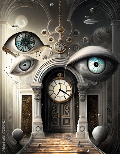 Colagens com elementos surrealistas, como olhos flutuantes, portas misteriosas e relógios derretidos, para adicionar um toque de estranheza e surpresa.