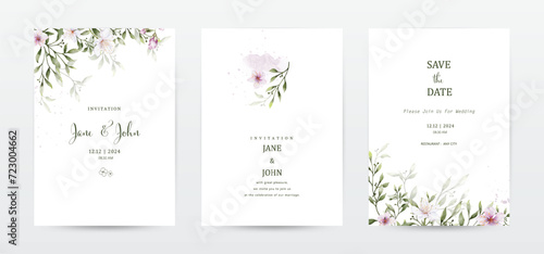 Set of invitation template cards with botanical and watercolor stains