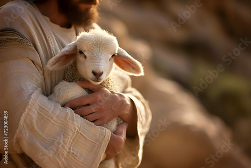 Jesus Christ recovered the lost sheep carrying it in arms. photo