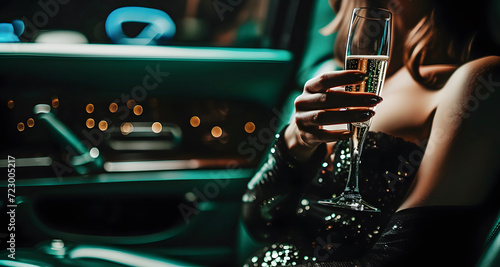 A wealthy woman with a glass of champagne in luxury car © ZayNyi
