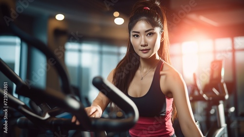 Young Asian woman working out on exercise bike at gym. Neural network AI generated art