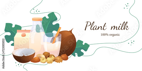 Illustrations for a banner on the topic of vegetable milk. Flat illustrations with a milk bottle, box, nuts, and leaves.