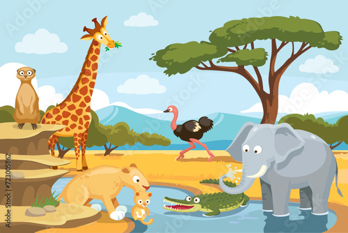 African animals in the nature. Animals of African landscape. African animals in savannah. The fauna of Africa, animals living in Africa.
