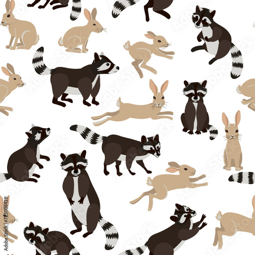 Fototapeta Naklejka Na Ścianę i Meble -  vector drawing seamless pattern with rabbits and raccoons, hand drawn animal at white, cartoon style background for children textile or wallpaper