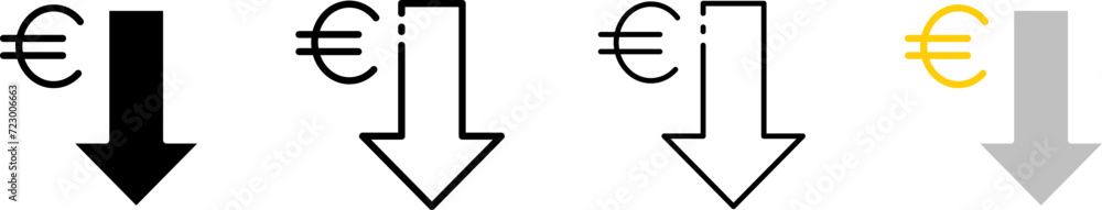Euro down arrow icon set. Silhouette, linear and flat style. Vector icons. Euro down arrow icon set. Silhouette, linear and flat style. Vector icons.