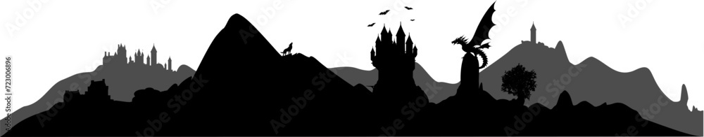 Fototapeta premium Vektor Silhouetten - Fantasy Landschaft mit Bergen, Festung, Stadt, Burgen und Drachen - Rollenspiel