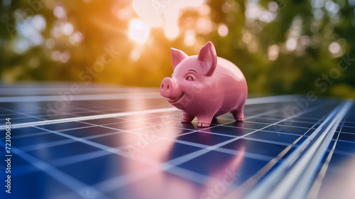 une tirelire en forme de cochon posé sur un panneau solaire pour illustrer les économies réalisées photo