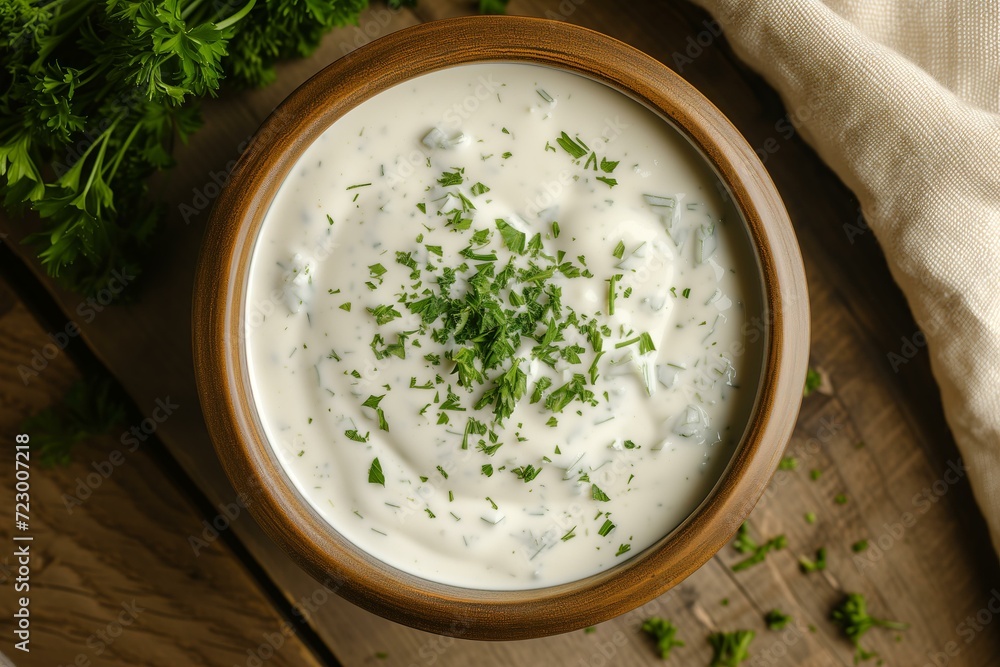 bowl of fresh mome made ranch dressing, minimalist, top view bowl of fresh mome made ranch dressing, minimalist, top view