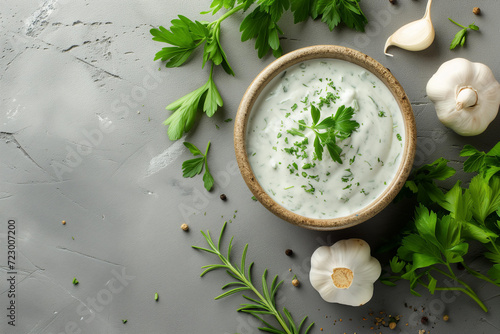 bowl of fresh mome made ranch dressing, minimalist, top view photo