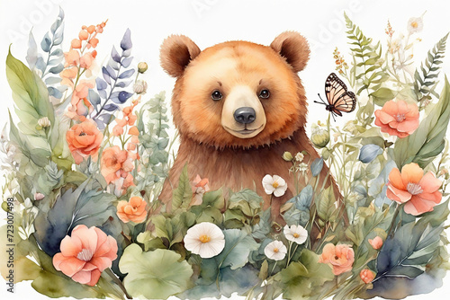 Watercolor illustration of a cute brown bear among the flowers and butterflies photo