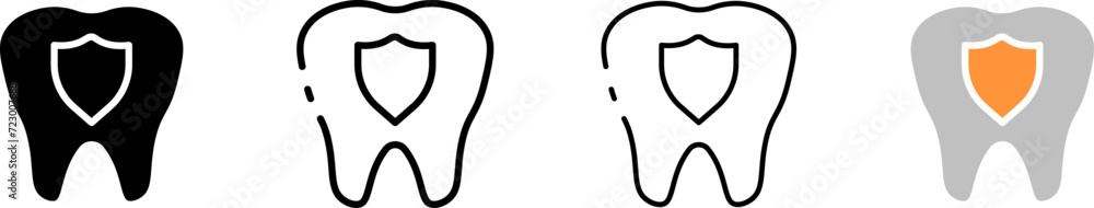 Tooth with shield icon set. Silhouette, linear and flat style. Vector icons. Tooth with shield icon set. Silhouette, linear and flat style. Vector icons.