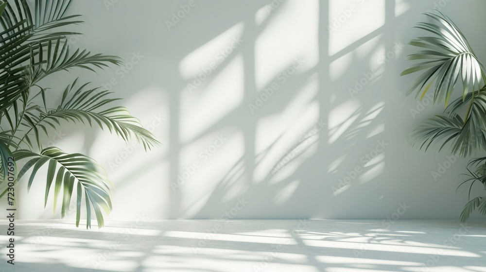 Fototapeta premium a vacant space with flowers, palm leaves, and window shadows.