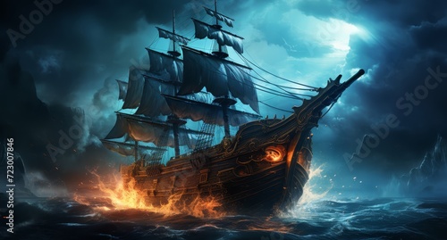 pirate ship with lightning and fog