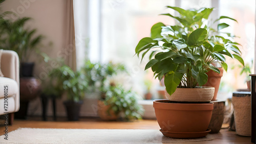 cozy living room potted plant and blurry background