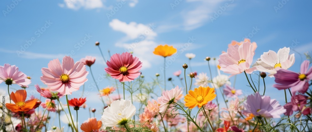 several blooming flowers against a blue sky