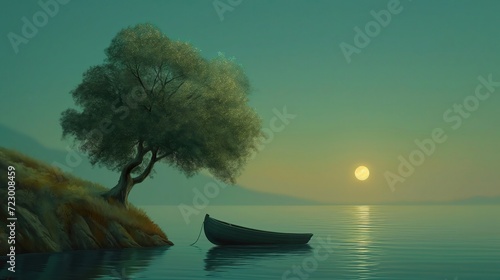 grungy noise texture art, row boat at shore with tree at morning , whimsical fantasy fairytale contemporary creative illustration, Generative Ai