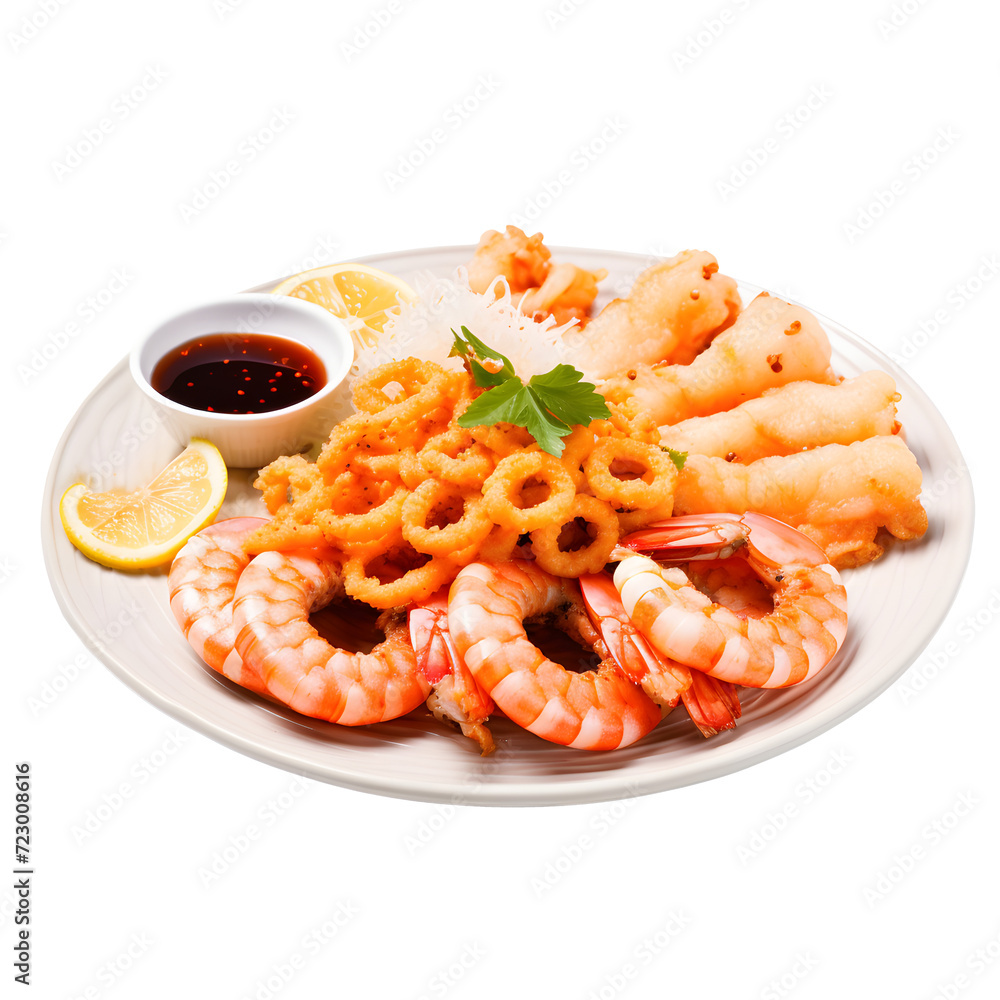 Deep-fried battered prawns with vegetables and dipping sauce on png background. Deep-fried battered prawns with vegetables and dipping sauce on png background.