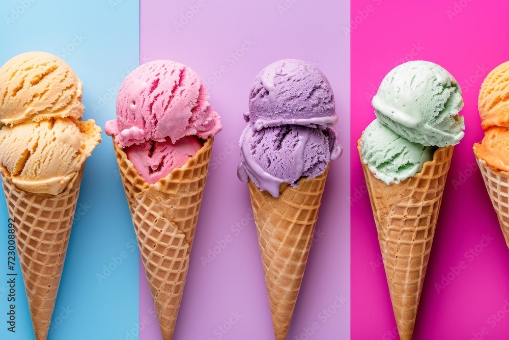 Four colorful ice cream cones on a split background of pink, blue, and purple. Four colorful ice cream cones on a split background of pink, blue, and purple.