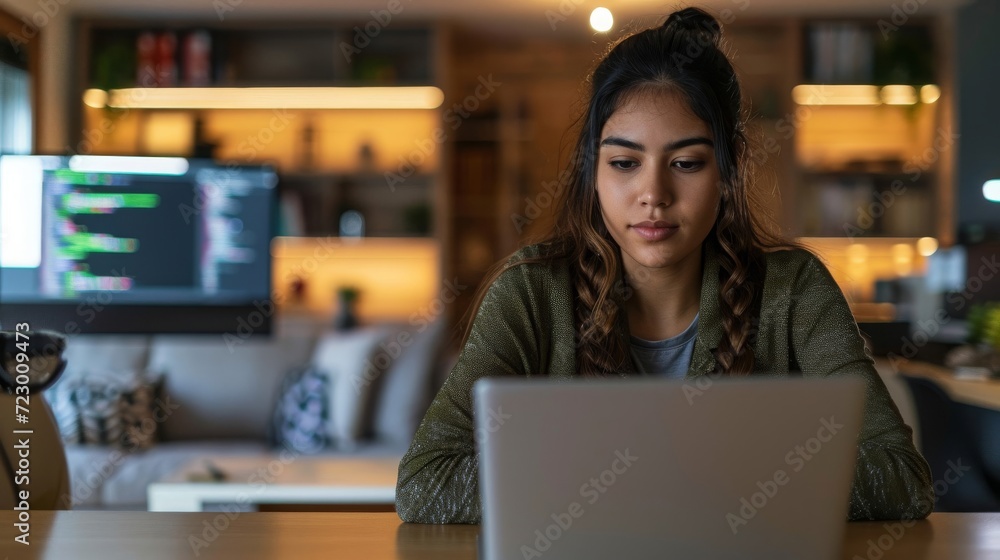 Fototapeta premium Woman Sitting in Front of a Laptop Computer at Home Office