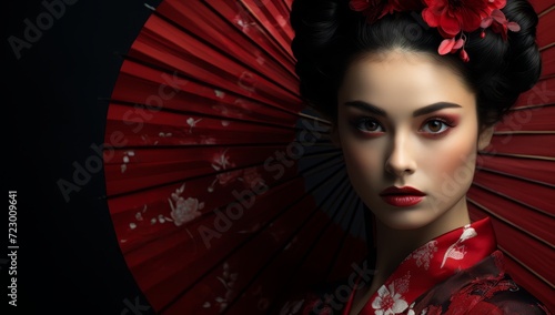 geisha woman dressed up with a parasol sitting on a gray background