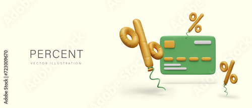 Concept of percent, interest, discount. Festive shaped balloons around credit card