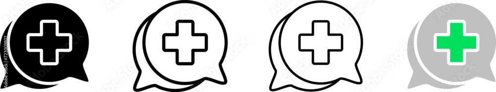 Medical plus. Message bubble. Silhouette, linear, and flat style. Vector icons. Medical plus. Message bubble. Silhouette, linear, and flat style. Vector icons.