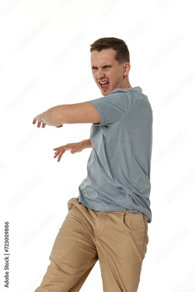 annoyed angry man fighting on white studio background annoyed angry man fighting on white studio background