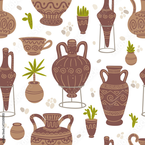 Pottery and plants vector seamless pattern. Food