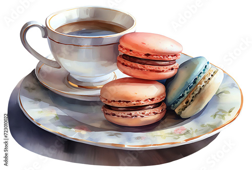 Watercolor painting of colorful macarons on a plate with tea. photo