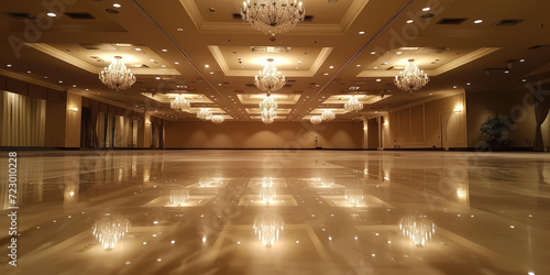 Elegant beige empty big Banquet Hall. Luxurious empty banquet hall with glossy floors.