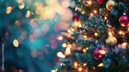 Abstract Christmas tree background with shimmering lights and festive bokeh.