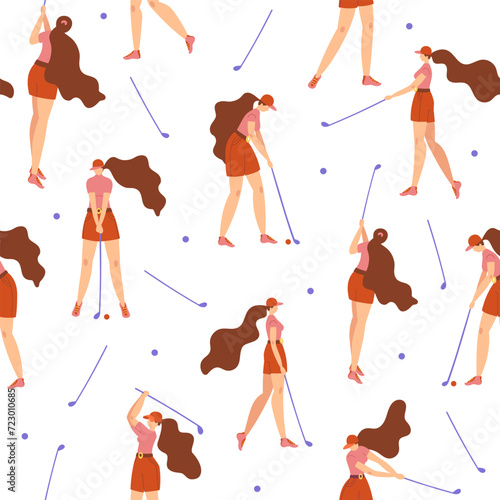 Seamless pattern with young girl hitting ball with golf club. Vector flat hand drawn illustration. Female golfer plays golf background, backdrop. Woman in sport. Cartoon characters.