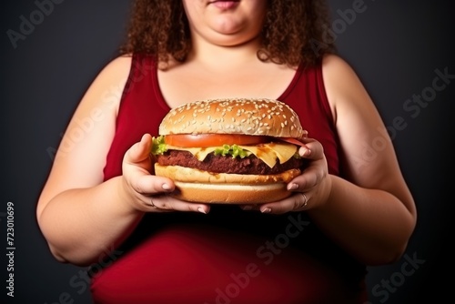 Fat woman holding hamburger on black background. Overweight concept. Overweight. Overeating Concept. Obesity Concept with Copy Space.