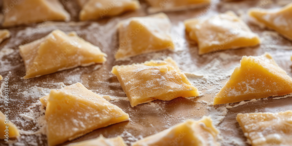 Unbaked Pastry Dough Pieces on Baking Sheet. Close-up of raw pastry dough sections dusted with flour on a baking tray. Unbaked Pastry Dough Pieces on Baking Sheet. Close-up of raw pastry dough sections dusted with flour on a baking tray.
