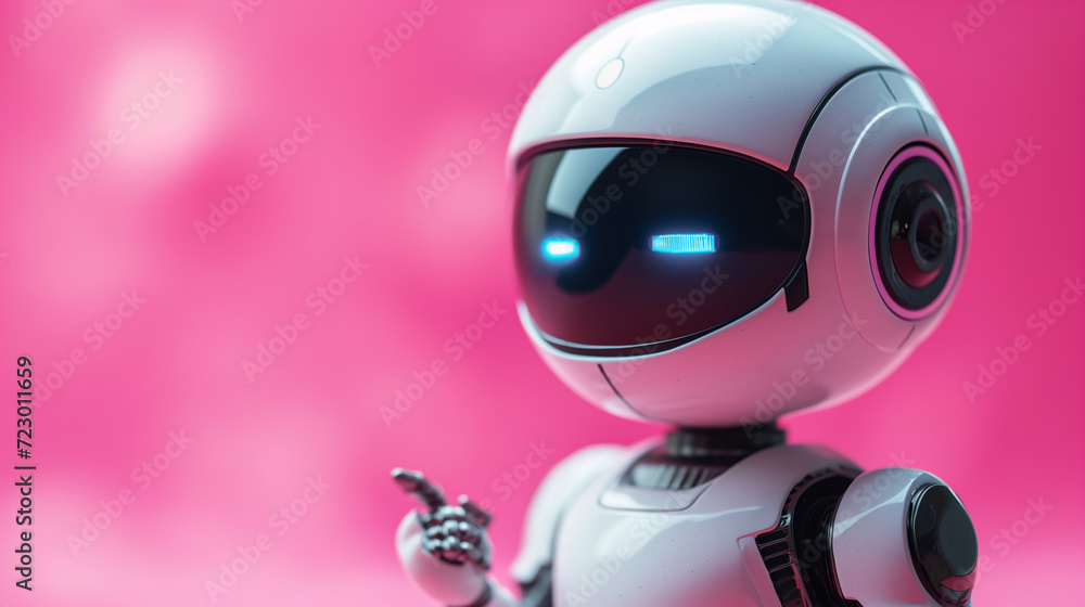 White robot with blue eyes is pointing at space. Pink background. Future technology concept. Selective focus. Copy space. Close up White robot with blue eyes is pointing at space. Pink background. Future technology concept. Selective focus. Copy space. Close up