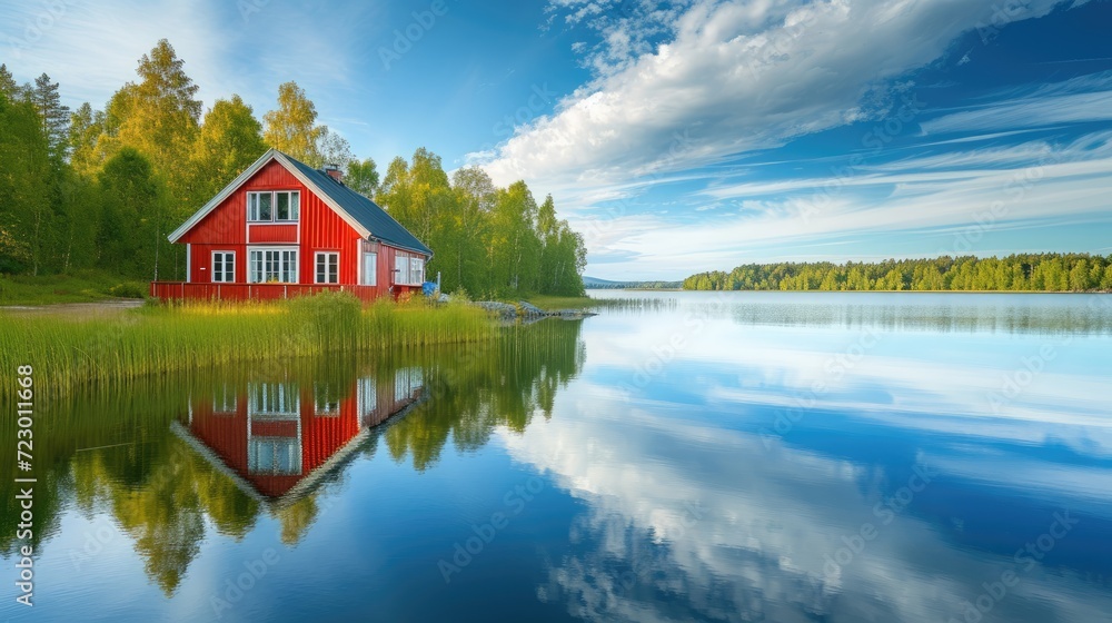 Obraz premium Beautiful landscape with a red house on the lake with water reflection and bright sky with clouds. Weekend house