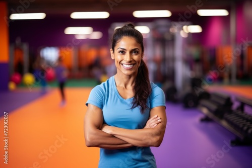 Fitness, gym and happy indian woman personal trainer ready for workout coaching