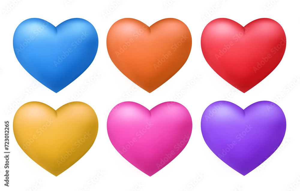 3D Rendering Heart Shape Set Different Colors Isolated On Transparent Background, PNG File Add